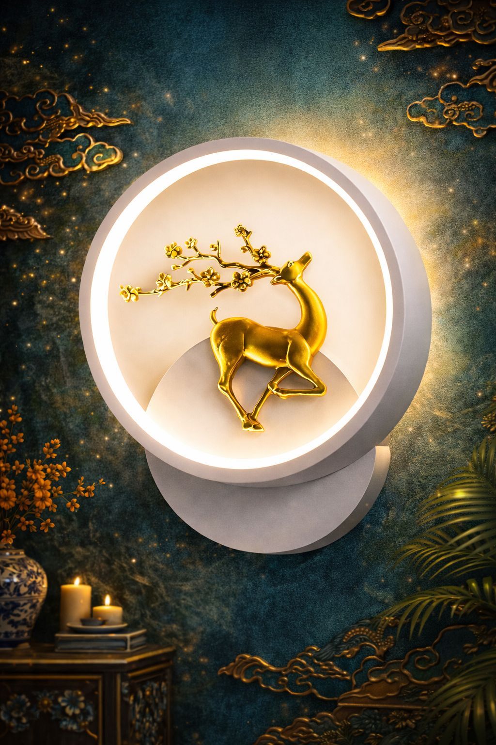 SPARKWORLD Golden Deer Designer LED Wall Light White Circular Decorative Wall Lamp for Home, Living Room & Hall | Colour: Circle Reindeer (White)