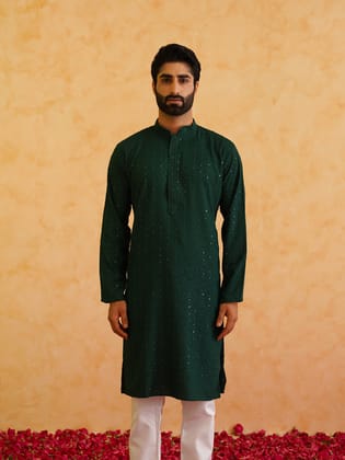 Men's Ethnic Motifs Embroidered Sequinned Cotton Green Kurta-44