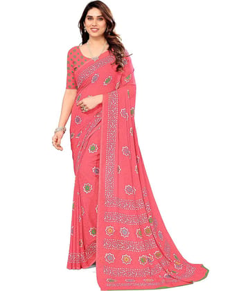 Kanooda Prints Georgette Printed Saree With Unstitched Blouse Piece ( Brown )