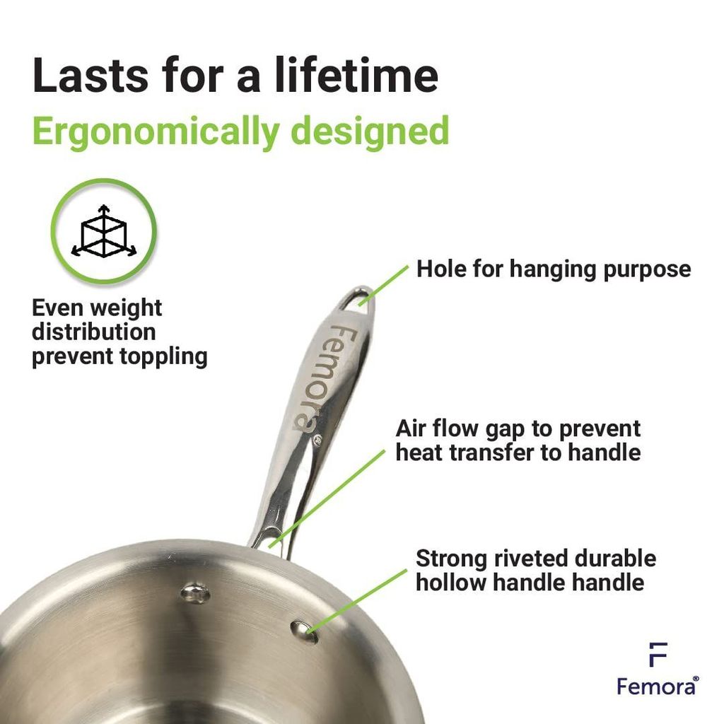 Femora Tri-Ply Sauce Pan, Induction & Gas Friendly Long Lasting, Naturally Non-Stick, 18 CM, 2.2 Liters, Silver