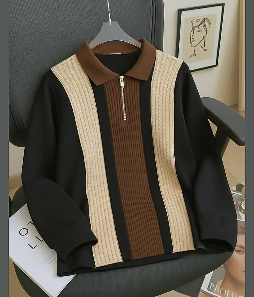 AOOSH Men Cotton Blend Regular Fit Striped Polo T Shirt ( Brown )