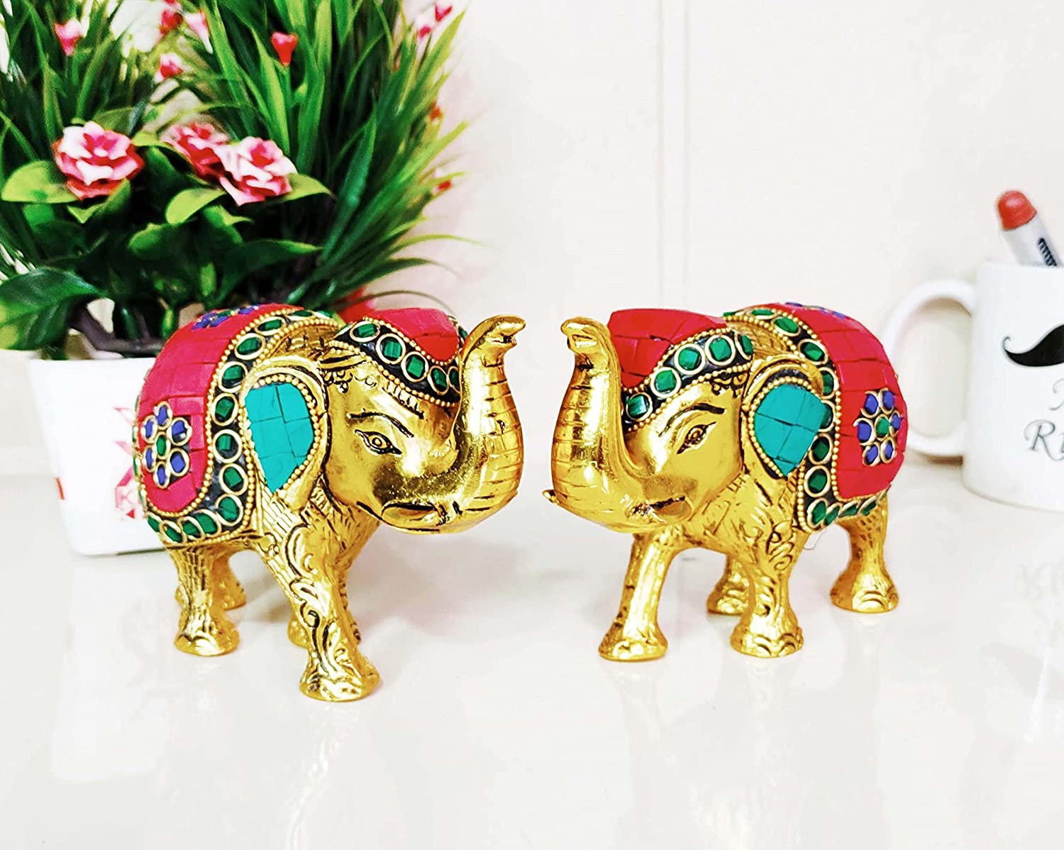 DreamKraft Metal Elephant Statue Medium Size with Stone Work, 2 Pcs Set