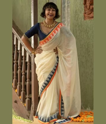 SARADA HANDLOOM Cotton Printed Saree With Unstitched Blouse Piece ( Off White )