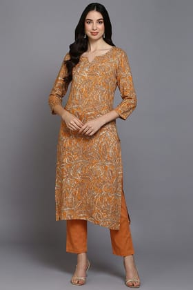 Orange Viscose Rayon Ethnic Motifs Straight Kurta VCK9373