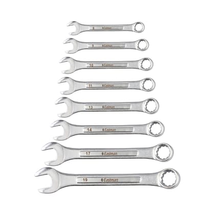 Eastman Combination Spanners - Recessed Panel, Kit-05-80M, Chrome Vanadium Steel, Chrome Plated Set of 8 pcs, Ring Spanner Set Wrench Set Tools (E-2005)