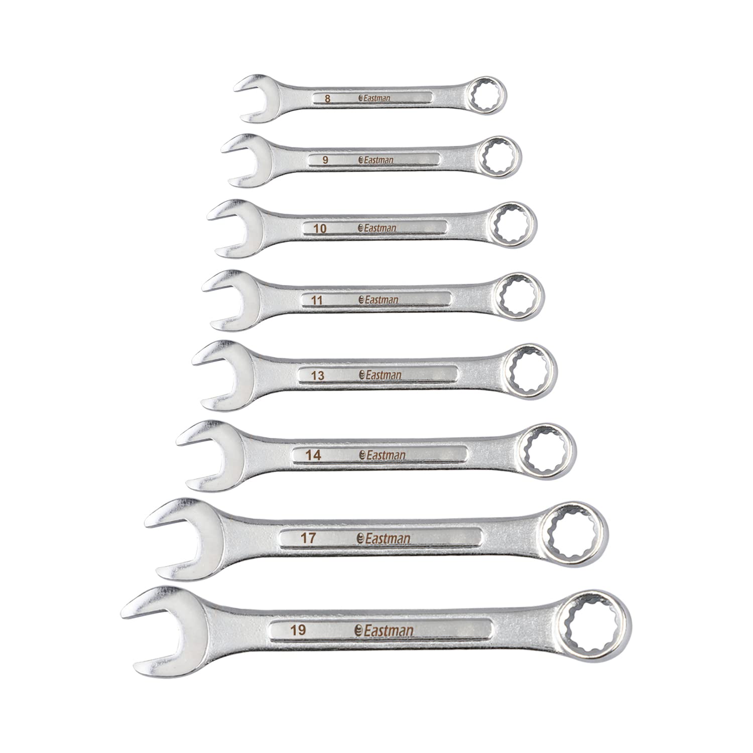 Eastman Combination Spanners - Recessed Panel, Kit-05-80M, Chrome Vanadium Steel, Chrome Plated Set of 8 pcs, Ring Spanner Set Wrench Set Tools (E-2005)
