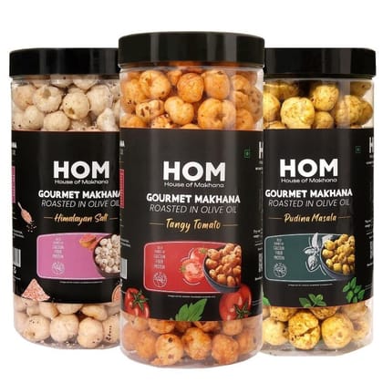 GOURMET MAKHANA Roasted in Olive Oil | Flavors Tangy Tomato, Pudina Masala and Himalayan Salt | Combo Of 3, 65g Each. - 195 gm