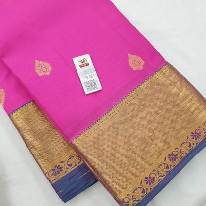 Kanchipuram Pure Silk Saree Pink And Blue With Zari Woven Buttas And Long Zari Woven Kanchi Border