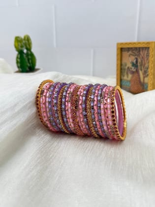 Designer Baby pink and Lavender Purple Glass & Stone Bangle Set - 5111-2.2 / Both Hands (2 sets of bangles in image)