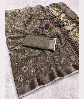 HEMA SILK MILLS Linen Printed Regular Saree With Unstitched Blouse Piece ( Coffee Brown )