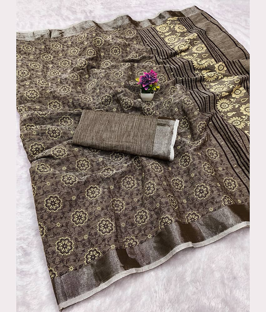 HEMA SILK MILLS Linen Printed Regular Saree With Unstitched Blouse Piece ( Coffee Brown )