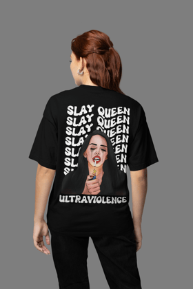 RASB’s Slay Queen Tee - Round Neck Drop Shoulder Graphic Printed Oversized Cotton T-shirt-S / Black