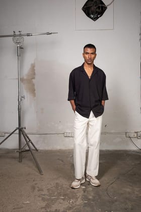 Tencel Black Camp Collar Shirt-XS