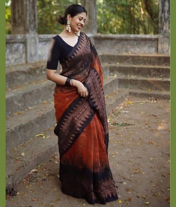 roop lavanya Cotton Silk Woven Saree With Unstitched Blouse Piece ( Orange,Black )