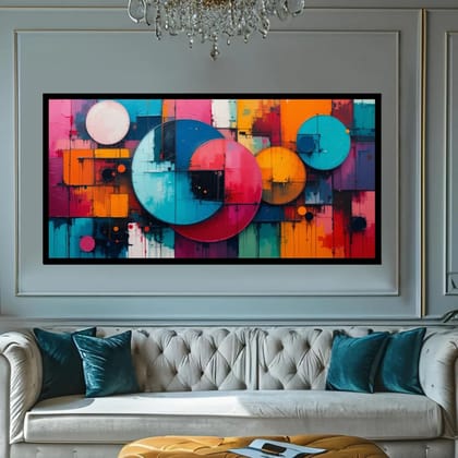 Luminary Chromatic Rhythms–Circle Burst Museum-Quality Cotton Canvas Handprint for Game Room Décor | Frame Size (127 X 69 Cm) | Frame Type (Black) | 5-Year Warranty