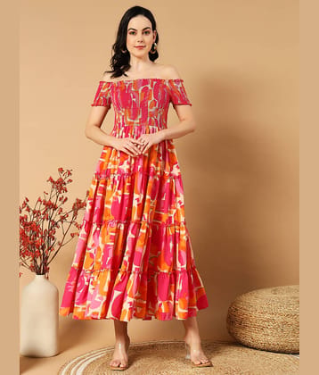 ZWERLON Crepe Printed Midi Women's Fit & Flare Dress - Orange ( Pack of 1 )