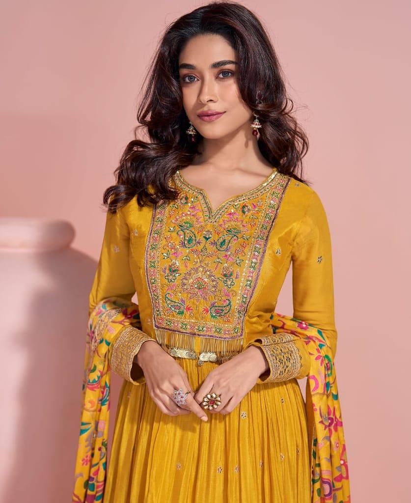 summer special yellow chinon anarkali set for women