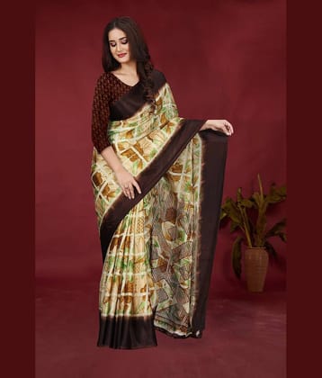 JIHANA FAB Chiffon Printed Saree With Unstitched Blouse Piece ( Brown )