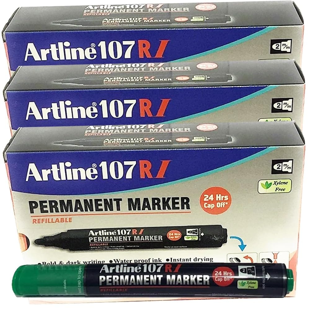 Artline 107RI Permanent Marker Pack of 30 (Green Colour) | For Artists, Professionals, & Students