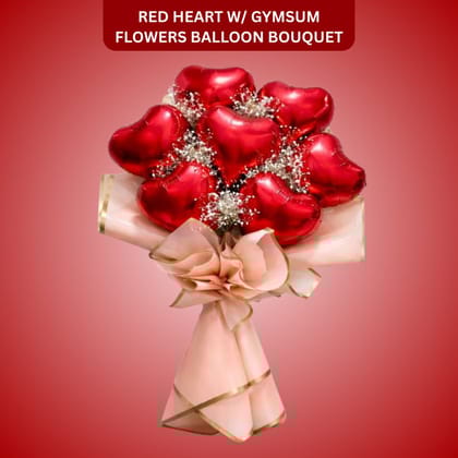 Red Heart Shape Foil Balloon Set w/ Gymsum Flowers - Air Filled - 10 inches - 7PC
