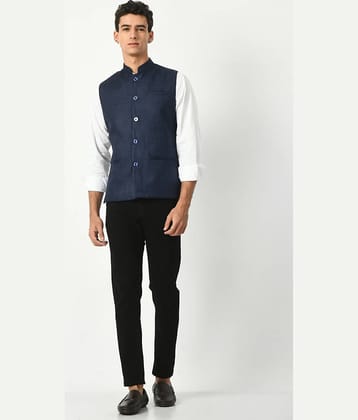 IndiWeaves Navy Cotton Blend Men's Nehru Jacket ( Pack of 1 )