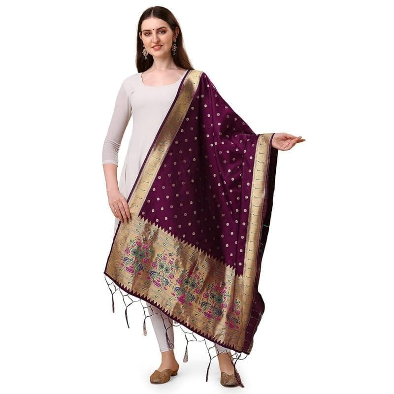 Women's Silk Pure Zari weaving Duppatta (Purple, Leangth: 2-2.3 Mtrs)-PID44922