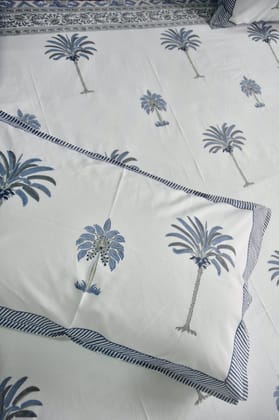 Blue Palm Tree Premium  HandBlock  Bedsheet - Super King (108 x 108) inches bedsheet