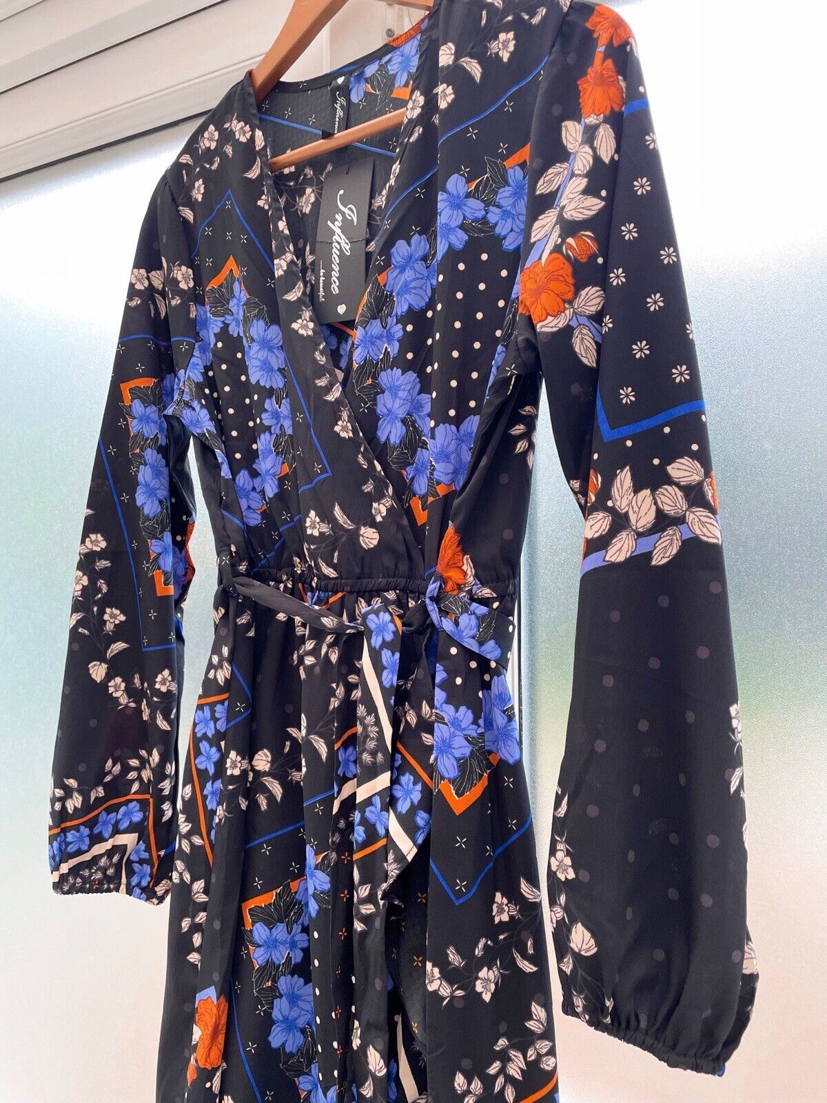 NEW INFLUENCE NWT Black Blue Floral Frill Wrap Midi Dress Size 12