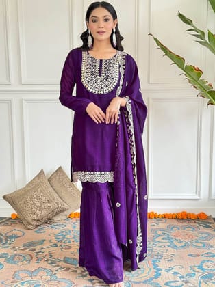 Women Chinon Sharara Dupatta Set Purple Stargold Suit