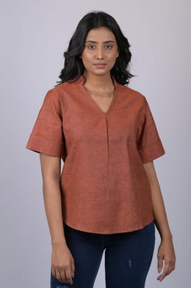 Party wear top for women western wear stylish top for women party marriage and anniversary Rust Colour V-Neck Top With Collar (OTL-TPS1043)-Red / S