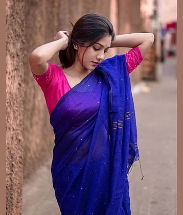 SARADA HANDLOOM Cotton Woven Saree With Unstitched Blouse Piece ( Blue )