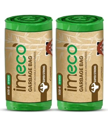 IMECO Eco-Friendly Garbage Bags | 60 Pcs | Small - 17 X 19 Inches | 30 Pcs x 2 Roll | Green | Dustbin/Trash Bags with Detachable Drawstrings | Perfect for Dry & Wet Waste