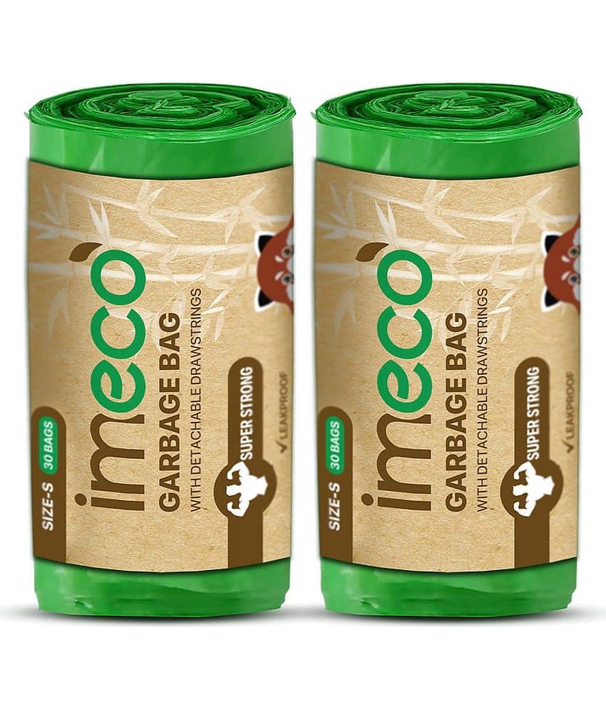 IMECO Eco-Friendly Garbage Bags | 60 Pcs | Small - 17 X 19 Inches | 30 Pcs x 2 Roll | Green | Dustbin/Trash Bags with Detachable Drawstrings | Perfect for Dry & Wet Waste