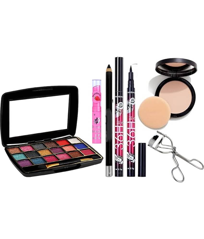 swenky eyeshadow with eyeliner color changing lip balm compact eyelash curler (Pack of 7)