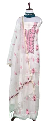 Chikankari Mul Chanderi Dress Material Off White Pink Floral Chikankari Mul Chanderi Dress Material Off White Pink Floral