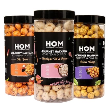 GOURMET MAKHANA Roasted in Olive Oil | Flavors Himalayan Salt & Pepper, Peri Peri and Achari Mango | Combo Of 3, 65g Each. - 195 gm