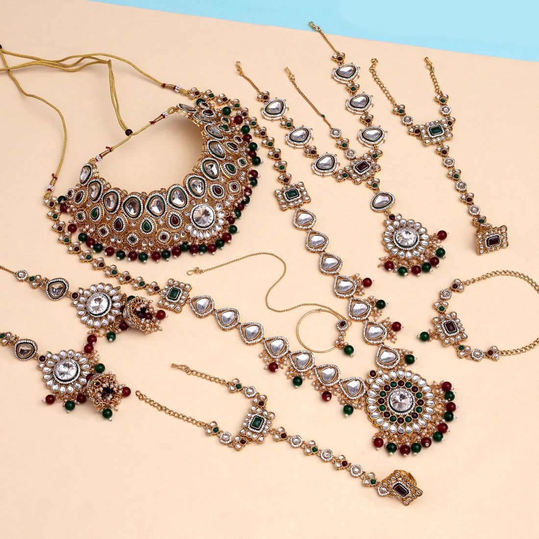 Maroon & Green Color Meena Work Kundan Dulhan Set (BDL267MG)-Adjustable Rope / Green / Alloy With Good Quality Gold Plated