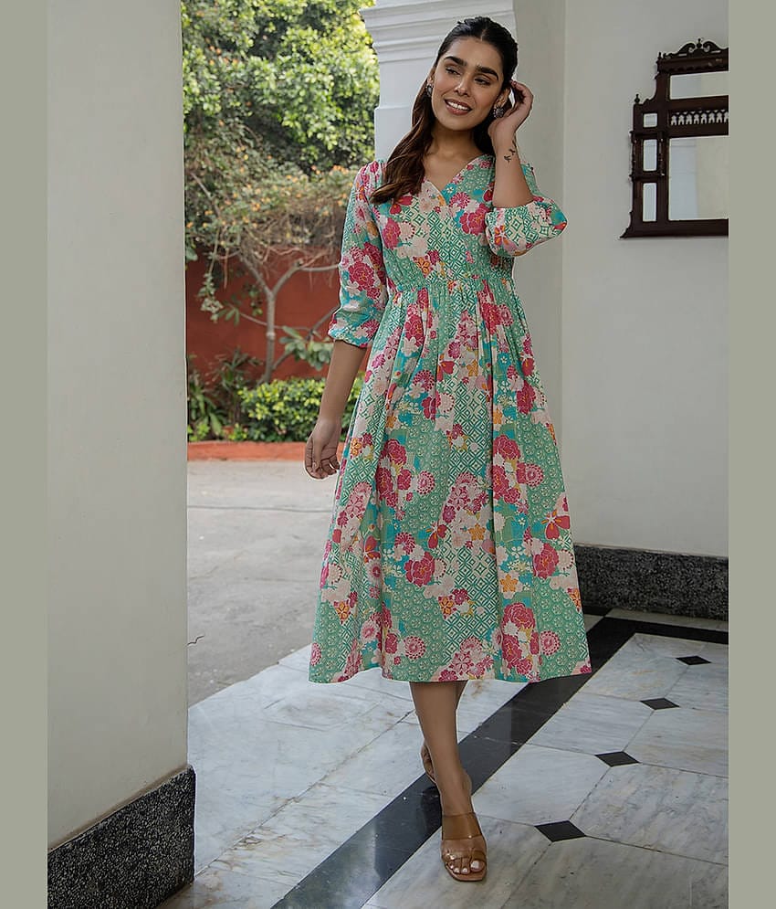 Janasya Women Cotton Printed Fit & Flare Dress ( Green )
