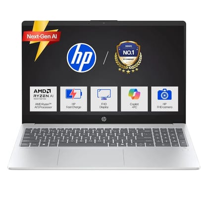 HP OmniBook 3 AMD Ryzen AI 5 340 Next Gen AI Laptop, (16GB DDR5, 512GB SSD), Anti-Glare,15.6''/39.6cm FHD, Win11,Office24, Silver,1.7kg, FHD Camera w/Privacy Shutter, fn0007AU