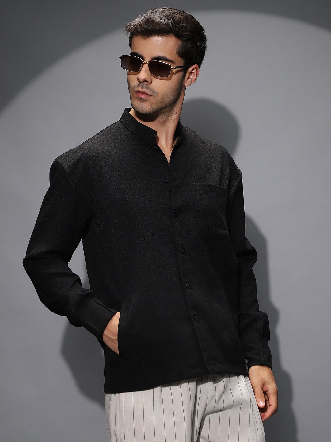 Band-Collar Heathered Shacket