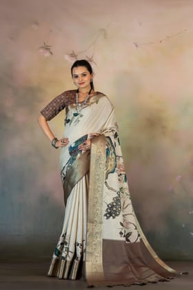 White Peacock Floral Jacquard Checks Saree