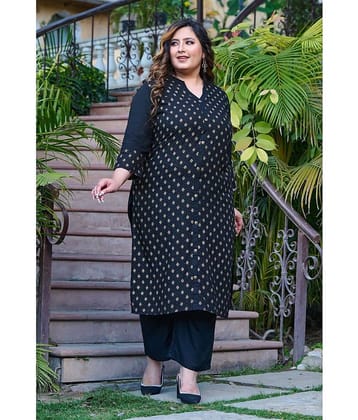 PrettyPlus by Desinoor.com Rayon Printed Front Slit Women's Kurti - Black ( Pack of 1 )
