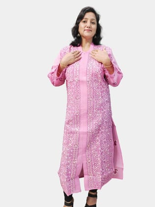 TheHangr Dual Thread Hand Embroided Pinkish Purple Cotton Lucknowi Chikankari Kurti