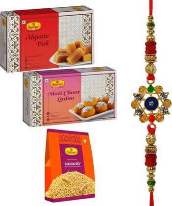 Haldiram's Nagpur Mysore Pak 500g, Moti Choor Ladoo 250g, Bhujia Sev 200g With Rakhi Assorted Gift Box (Multicolor)