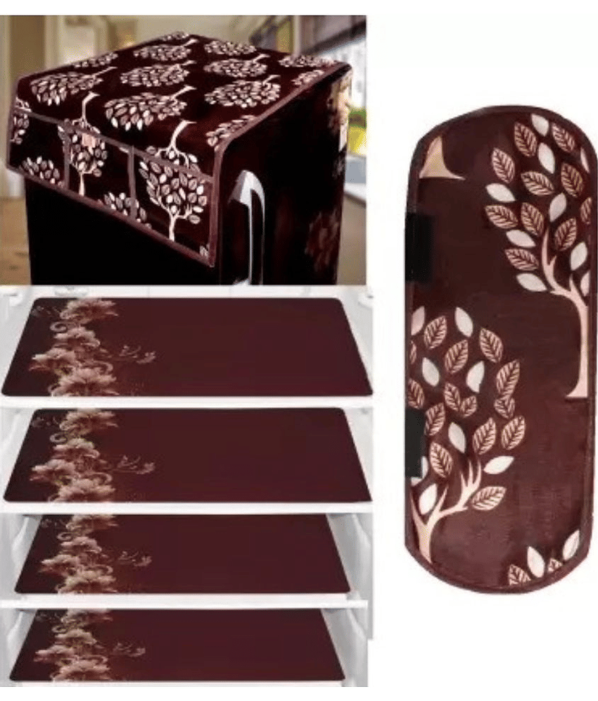Crosmo Polyester Floral Printed Fridge Mat & Cover ( 64 18 ) Pack of 6 - Brown