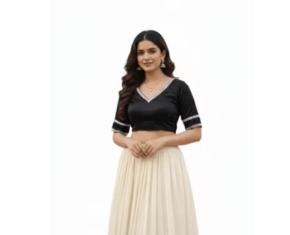 Black Cotton Silk les V-Neck Elbow Sleeve Design Blouse for Women