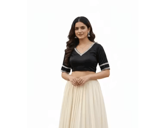 Black Cotton Silk les V-Neck Elbow Sleeve Design Blouse for Women