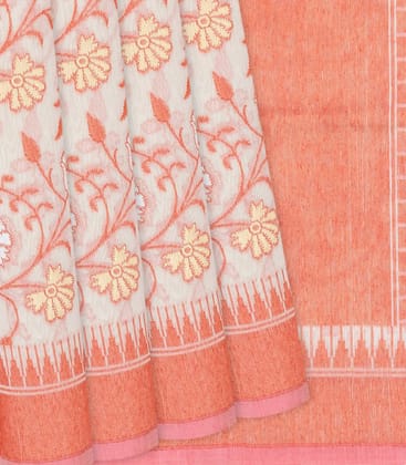 Sandal Handloom Banarasi Cotton Saree With Floral Vine Motifs-Sandal-Sandal