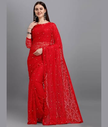 VANRAJ CREATION Net Self Design Saree With Unstitched Blouse Piece ( Red )