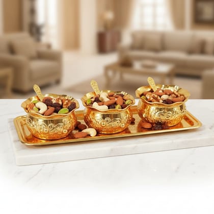 Brass Decorative 3 Piece Bowl Set With Tray | Velvet Box Handcrafted Gift Hamper, Height : 0.5 Inch (BMAS292 G)